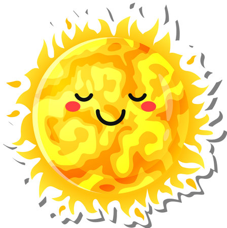 This vibrant illustration showcases a cheerful sun character, radiating warmth and happiness with closed eyes and a gentle smile, perfect for children s books or summer themed projectsのイラスト素材