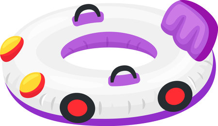 White and purple inflatable car shaped swimming ring with colorful details, handles, and a backrest, perfect for enjoying summer days in the poolのイラスト素材