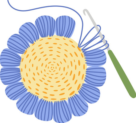 Crochet hook featuring a vibrant green handle skillfully crafting a beautiful blue and yellow flower with soft blue yarn, ideal for various hobby and craft projectsのイラスト素材