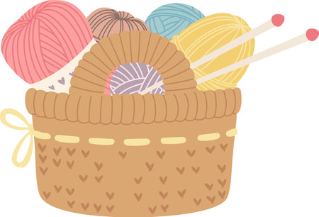 Charming illustration showcases a knitted basket overflowing with colorful yarn balls and knitting needles, evoking a sense of cozy creativity and handmade warmthのイラスト素材