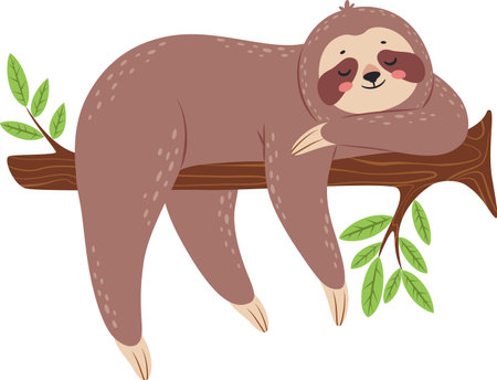 Charming cartoon illustration features a relaxed sloth sleeping soundly on a tree branch, surrounded by lush green leaves, conveying tranquility and the beauty of natureのイラスト素材