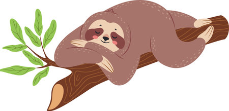 Charming illustration presents a relaxed sloth sleeping on a tree branch, embracing the tranquility of its natural habitat, with lush green leaves adding a touch of vibrancy to the sceneのイラスト素材