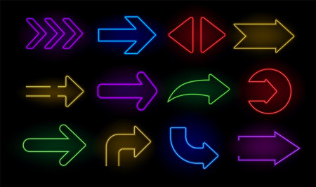Neon directional arrows. Bright arrow pointer electric illuminated symbols, advertising neon signboards indicating direction. Vector arrow icons isolated set.のイラスト素材