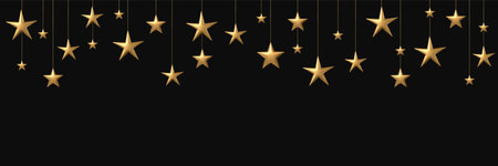 Christmas hanging stars. 3D golden stars on strings. Christmas falling star banner. Vector starry night background.のイラスト素材