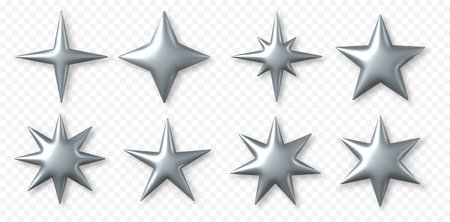 3d silver stars. y2k chrome star shiny shapes. Festive Christmas and Ramadan, futuristic and celestial, sci-fi glossy, metal glitter elements. Vector isolated set.のイラスト素材