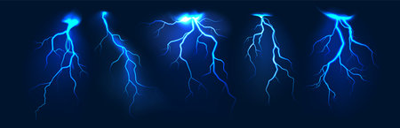 Realistic lightning. Thunder storm blue flash lightnings. Electric strike, thunderbolt bright light effect, power energy charge. Vector isolated set.のイラスト素材