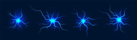 Lightning balls. Flash light thunder spark, electric blast storm or thunderbolt with radial rays. Sparking thunderbolt explosion. Plasma burst vector realistic set.のイラスト素材