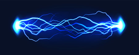 Electric discharge. Thunder bolts blue lightning, electric shock glowing flash effect. Power electrical energy lightning. Vector concept.のイラスト素材