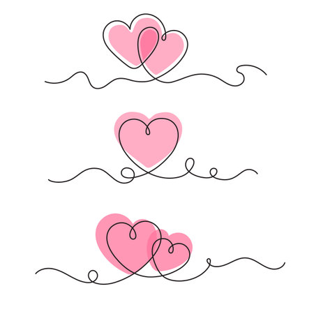 Two hearts continuous one line. Red hearts in one line sketch style, big love and Valentines day concept for lovers. Minimalist heart linear design for wedding card. Isolated vector set.のイラスト素材