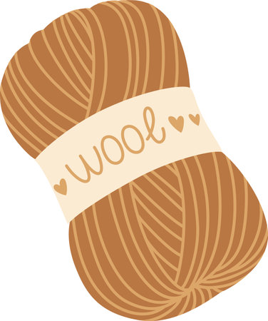 Light brown wool yarn ball with a label saying wool and two hearts, for knitting, crochet, and handmade crafts, isolated on a white backgroundのイラスト素材