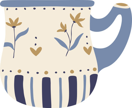 Cozy mug with flowers and hearts decorations, simple lines, pastel colors and blue handle creating a warm and inviting atmosphere, perfect for enjoying a hot beverageのイラスト素材