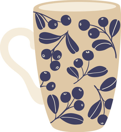 Cozy autumn vibes emanating from a beige mug adorned with a charming blueberry pattern, perfect for enjoying a warm beverage on a crisp fall dayのイラスト素材