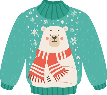 Featuring a cozy green Christmas sweater adorned with an adorable polar bear wearing a vibrant red scarf and playful snowflakes, perfect for celebrating winter holidays and festive gatheringsのイラスト素材