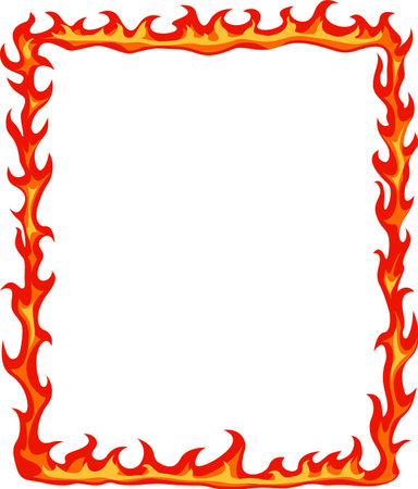 Square frame created by cartoon fire flames providing a vibrant and energetic border on a white background, ideal for adding a touch of intensity and excitement to various designsのイラスト素材