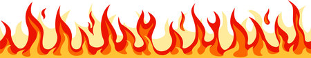 Seamless horizontal pattern of realistic cartoon fire flames burning brightly with red, orange and yellow colors against a white background, creating a vibrant and energetic visualのイラスト素材