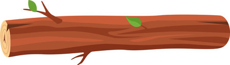 Horizontal wooden log with small twigs and leaves showing wood grain, isolated on white background, ideal for woodworking, forestry, or nature related projectsのイラスト素材