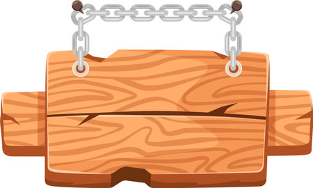 Wooden signboard hanging from a metal chain fixed with nails, creating a rustic and versatile background perfect for displaying messages and announcementsのイラスト素材