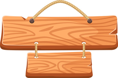 Two light brown wooden signs hanging from a sturdy rope, providing ideal surfaces for messages or directions, set against a clean white background for a striking contrastのイラスト素材