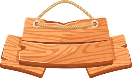 Three wooden planks, suspended from a sturdy rope, create a rustic sign featuring ample copy space, perfect for various advertising needs or important announcementsのイラスト素材