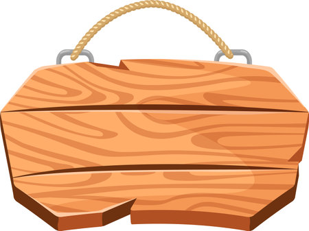 Wooden sign made of three horizontal planks hanging with rope and metal fasteners isolated on white background is waiting for your text or graphic designのイラスト素材