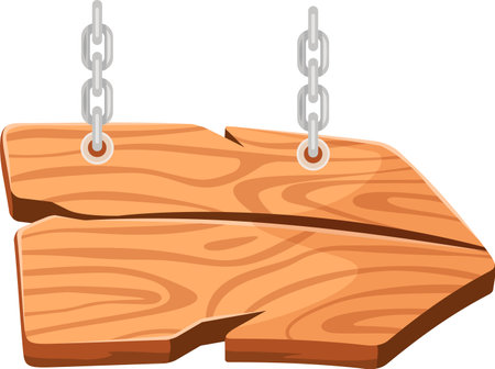Empty wooden arrow shaped sign hanging from metal chains, pointing right against a clean white background, ideal for incorporating custom text or messagesのイラスト素材