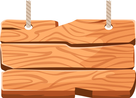 Wooden sign crafted from light brown planks, hanging from two sturdy ropes against a white background, featuring natural wood grain, perfect for displaying custom text or messagesのイラスト素材