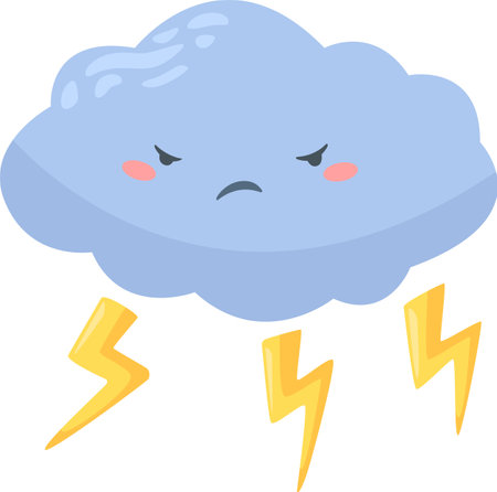 Stylized, cartoon depiction of a storm cloud with an angry expression, producing lightning bolts, set against a plain white backdrop, evokes a sense of stormy weather and potential dangerのイラスト素材