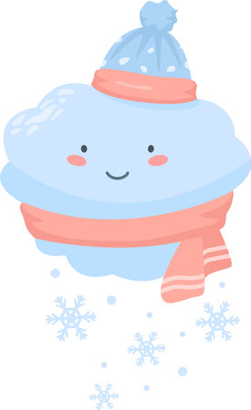Cheerful, anthropomorphic cloud, bundled up in warm winter attire, is depicted with a gentle smile as snowflakes gracefully descend around it, creating a charming winter sceneのイラスト素材