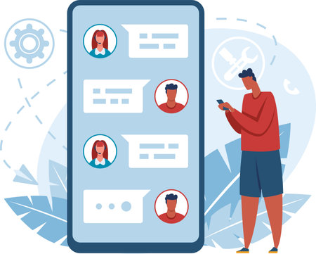 Customer engaging with a mobile app, chatting with customer service for technical support, exchanging messages and receiving prompt responses from operators for assistanceのイラスト素材