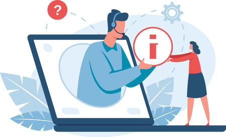 Online support operator with headset working with laptop and providing information to customer asking help, online information, technical support, call center, frequently asked questions conceptのイラスト素材