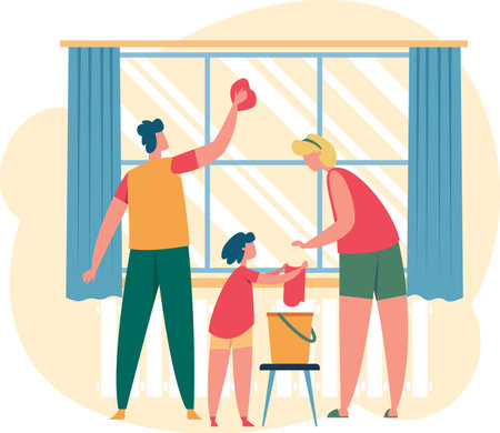 Happy family cleaning windows in their living room, parents guiding their child in learning chores, fostering teamwork and togetherness while maintaining a bright and cheerful home environmentのイラスト素材