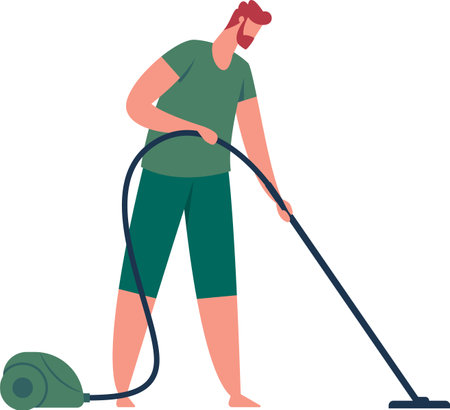 Redhead man using a vacuum cleaner while diligently cleaning the house, vacuuming the floor, and managing household chores in a modern and tidy living spaceのイラスト素材
