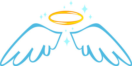 Cartoon drawing of angel wings and halo shining with bright sparkles representing purity, innocence, and spirituality, suitable for religious or spiritual projectsのイラスト素材
