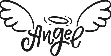 Hand drawn angel wings and a halo gracefully hovering above stylish cursive lettering spelling angel, creating a captivating and symbolic design reflecting spirituality and hopeのイラスト素材