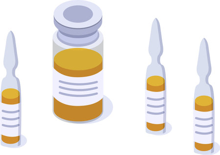 Glass ampoules and vials containing orange liquid medicine, with blank labels for adding information, are arranged on a white background, creating a medical and healthcare related sceneのイラスト素材