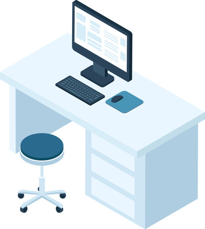 Isometric view of a workspace featuring a computer displaying data on its monitor, a keyboard, a mouse, and a rolling stool, suggesting a productive and organized office environmentのイラスト素材
