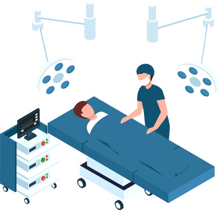 Surgeon wearing surgical mask and cap standing next to patient lying on operating table in operating room, getting ready for surgery under bright surgical lights, with medical equipment nearbyのイラスト素材