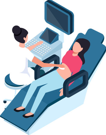 Female doctor using ultrasound scanner to examine pregnant woman lying on examination table, medical examination during pregnancy, healthcare and diagnostics conceptのイラスト素材