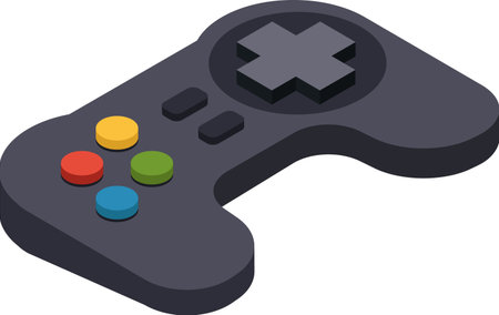 Gray wireless gamepad with colorful buttons and directional pad shown in isometric projection, representing gaming, entertainment, and leisure activitiesのイラスト素材