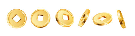Chinese coin. 3D golden or bronze vintage coins with square hole in different positions, Chinese New Year element. Isolated Asian traditional gold money vector set.のイラスト素材