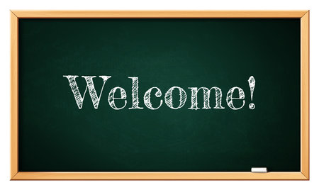 Welcome school blackboard. Back to school, greeting message on green chalkboard with wooden frame, 3D realistic banner template. Vector education and studying concept.のイラスト素材