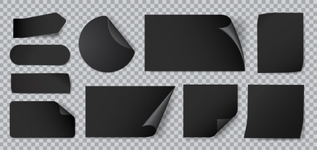 Realistic black stickers. Paper sticker of different shapes with shadow and folded edges, black price tags, blank sticky notes for memo. Vector isolated set.のイラスト素材