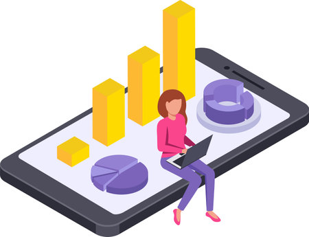 Businesswoman sitting on smartphone using laptop analyzing financial charts and graphs, isometric vector illustration of business analytics and mobile office conceptのイラスト素材