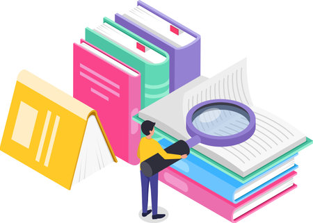 Student holding magnifying glass analyzing textbook, surrounded by books, studying and preparing exam, searching information, learning and education concept, isometric illustrationのイラスト素材