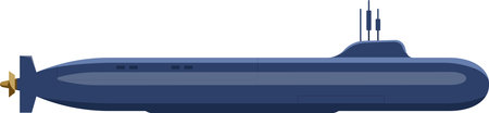 Modern dark blue submarine sailing underwater with periscope raised, side view of a military ship with propeller and communications antennasのイラスト素材