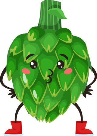Cartoon artichoke character blowing a kiss, wearing red boots, isolated on a white background, ideal for healthy food and vegan lifestyle projectsのイラスト素材