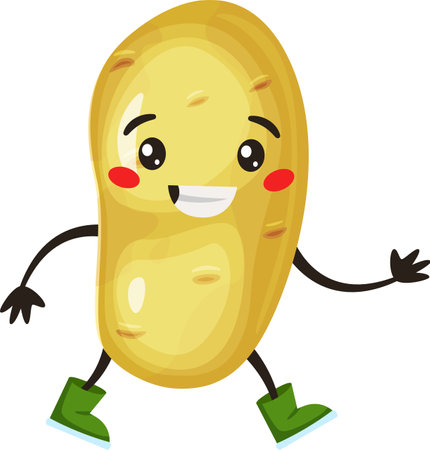 Cheerful, anthropomorphic potato with rosy cheeks, wearing green boots, is happily walking and extending a hand in greeting, creating a friendly and whimsical sceneのイラスト素材
