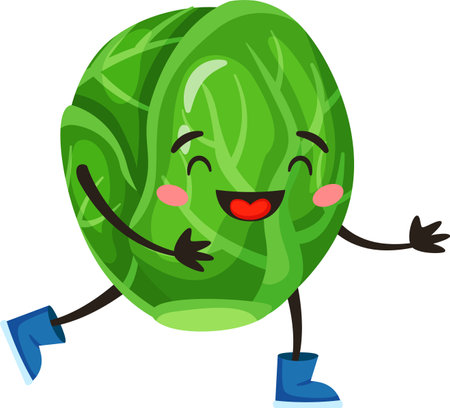 Happy brussels sprout character joyfully walking and laughing while wearing cute blue boots, spreading positivity and good vibes with its cheerful and playful demeanorのイラスト素材