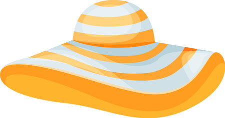 Colorful wide brimmed hat featuring vibrant orange and white stripes, perfect for summer outings. The hat s design combines fashion and sun protection, ideal for beach or garden wearのイラスト素材