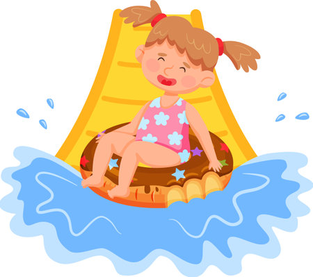 Cheerful young girl with pigtails sliding down a colorful water slide on an inflatable ring, splashing into the pool below. Her swimsuit features playful floral patternsのイラスト素材